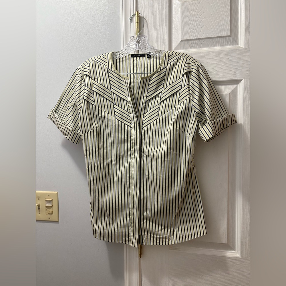 Women's Carlisle Striped Woven Silk/Cotton Button Down Green/Navy Size 8